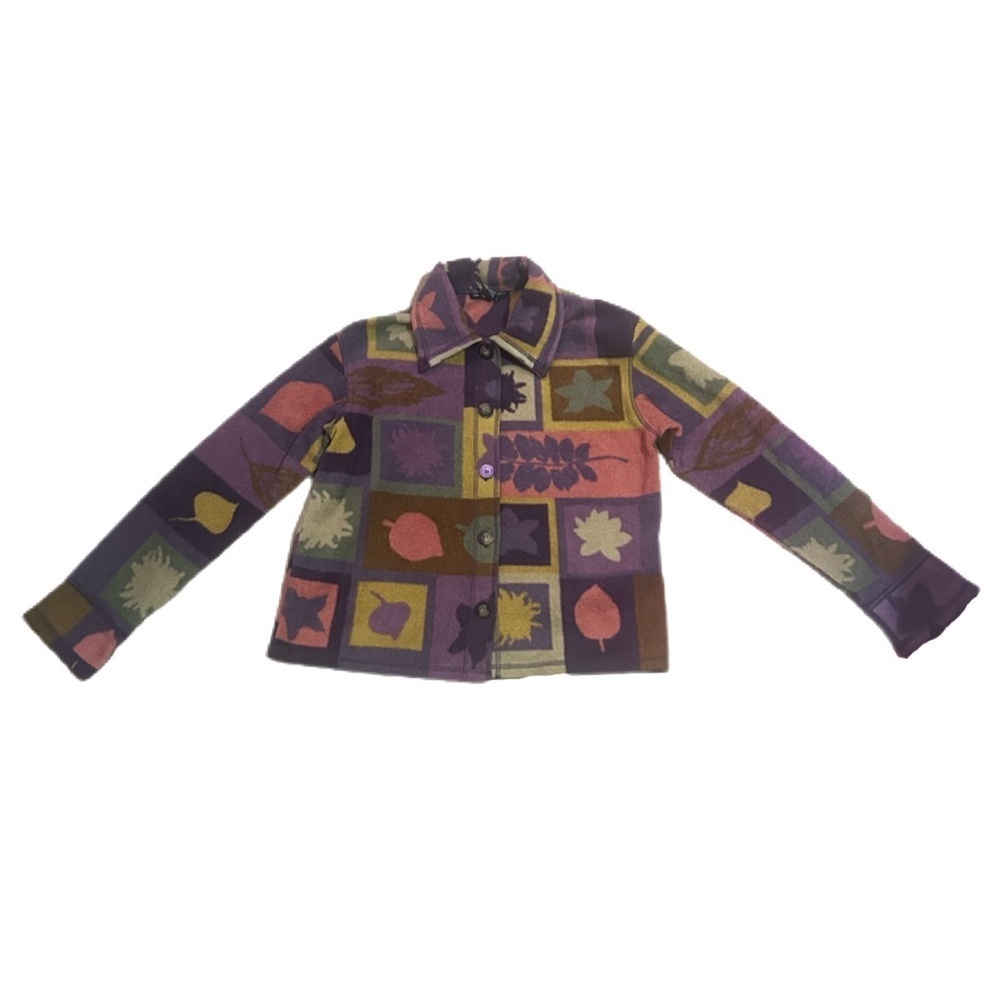 Colorful Patchwork Art Fleece button Jacket funky groovy nature leaves stars - Picture 5 of 5